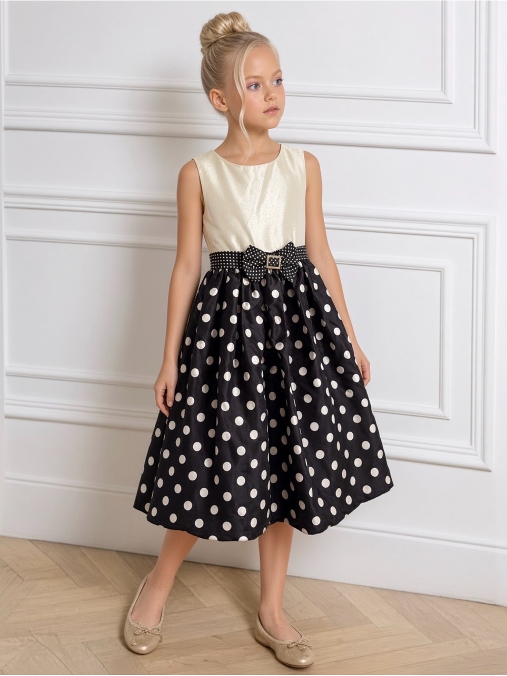 $78 Classic Girls Polka Dot Party Dress - Ivory & Black 8